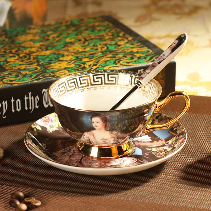 Top Quality Royal Bone China Coffee Cup Set Ceramic Tea Cups With Spoon Saucer-Oil Painting Empress Josephine Vintage