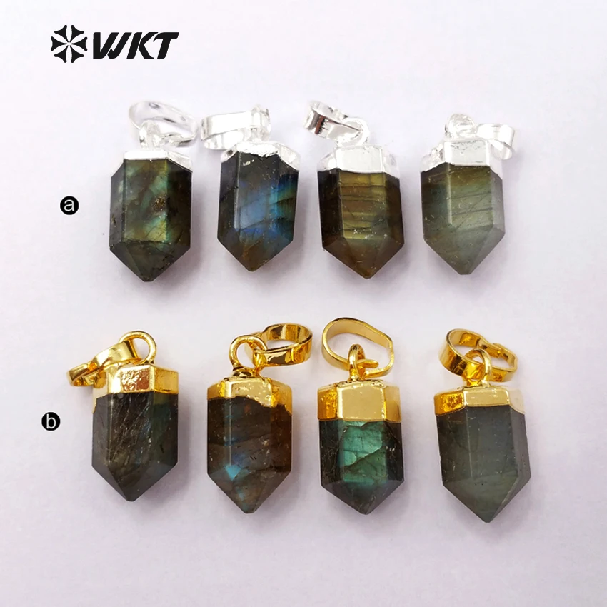 WT-P1330 WKT Natural Labradorite Sparkling Women Pendants Silver Color Top Plated Mini shape bullet penant For Jewelry Making