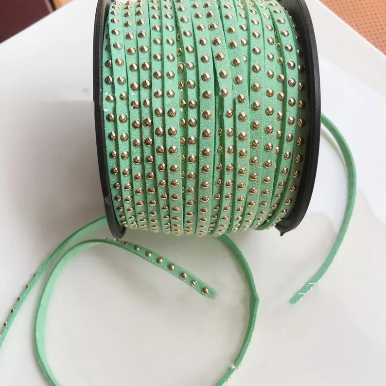 20Yds Mint Green Suede Cord,Microfiber Faux Cord,Gold Studded Suede Cord,Gold Riveted Cord,5mmx2mm,Bracelet Necklace Jewelry