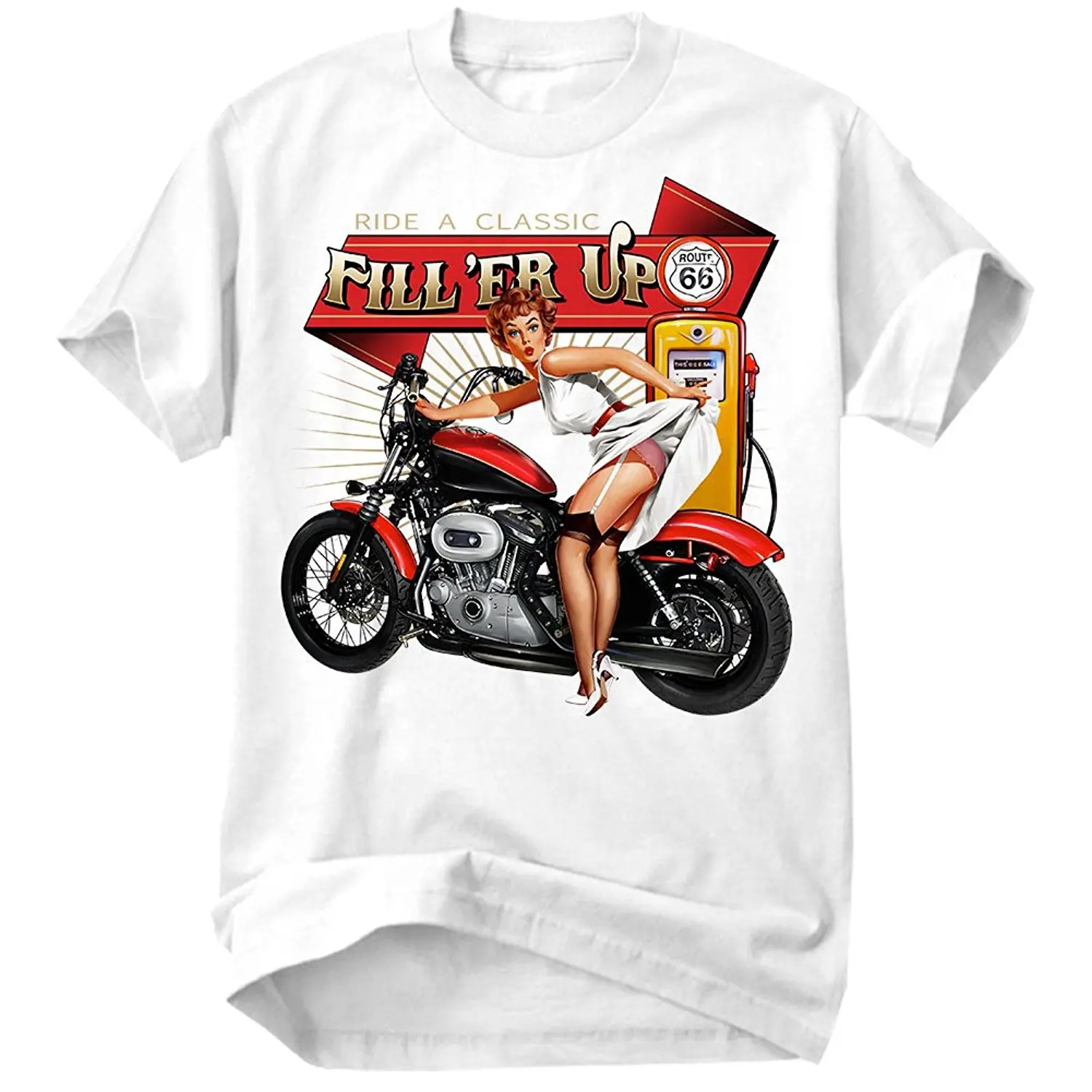 T-Shirt Men 2019 New Print Men T Shirt Summer Designs Men'S Filler Up Pinup Girl Motorcycles Vintage T Shirt Transfers