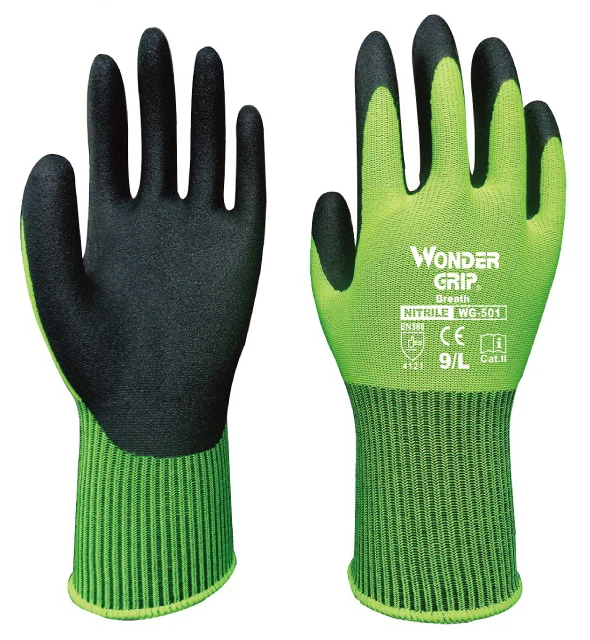 Gardening Work Gloves Nylon Spandex Fluorescent Green Nitrile Micro Foam Coated