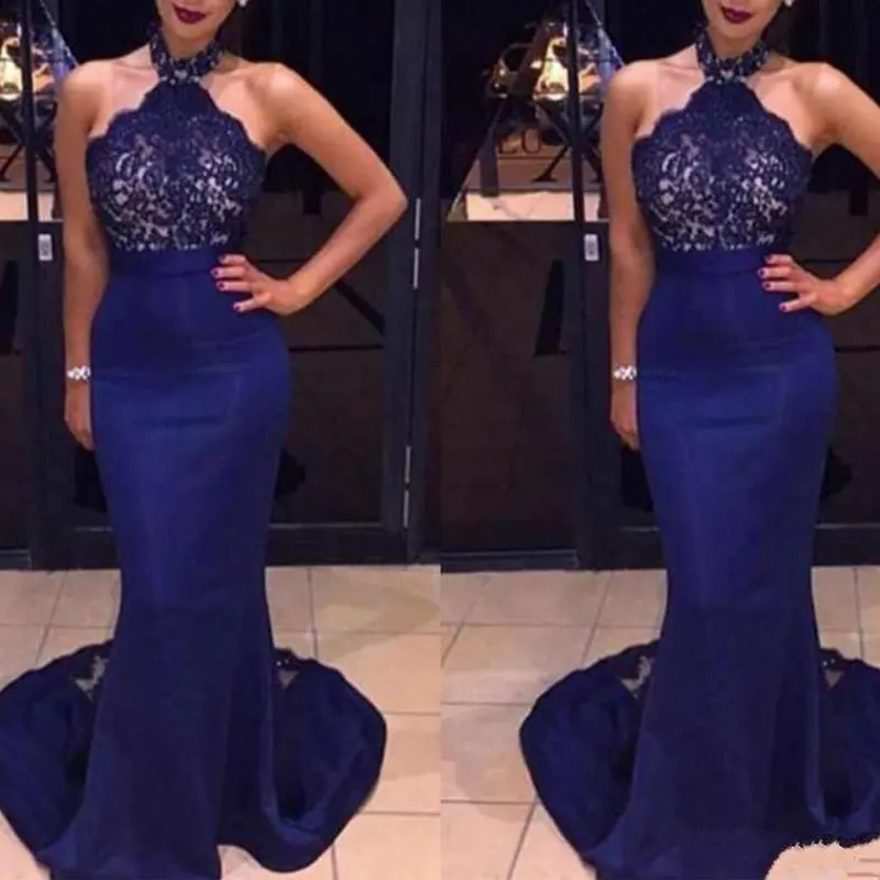 2021 New Royal Blue Lace Applique Mermaid Prom Dresses Halter Neck Backless Floor Length Elegant Formal Party Dresses Wear