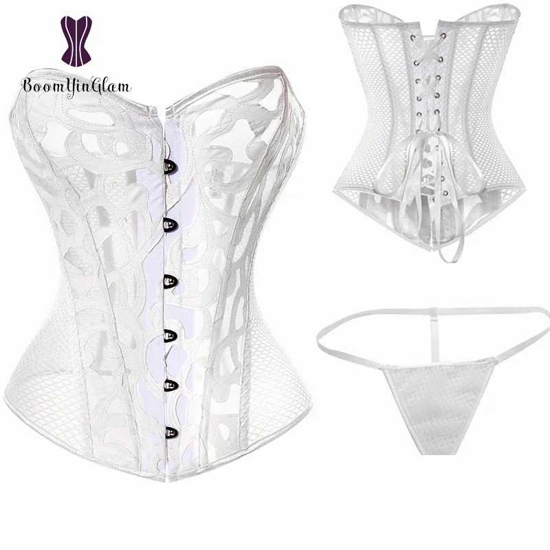 

Wholesale White Hollow Out Sexy Corset Transparent Corselet Mesh Net Korsett With G String Plus Size S-XXXL 930#