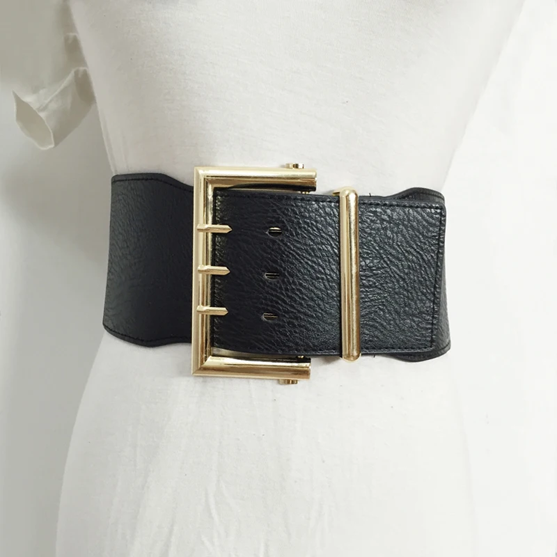 

Vintage gold Double Metal Pin Buckle Elastic Belts For Women Wide Faux Leather Waistband Corset Belt Dress Clothing Cummerbunds