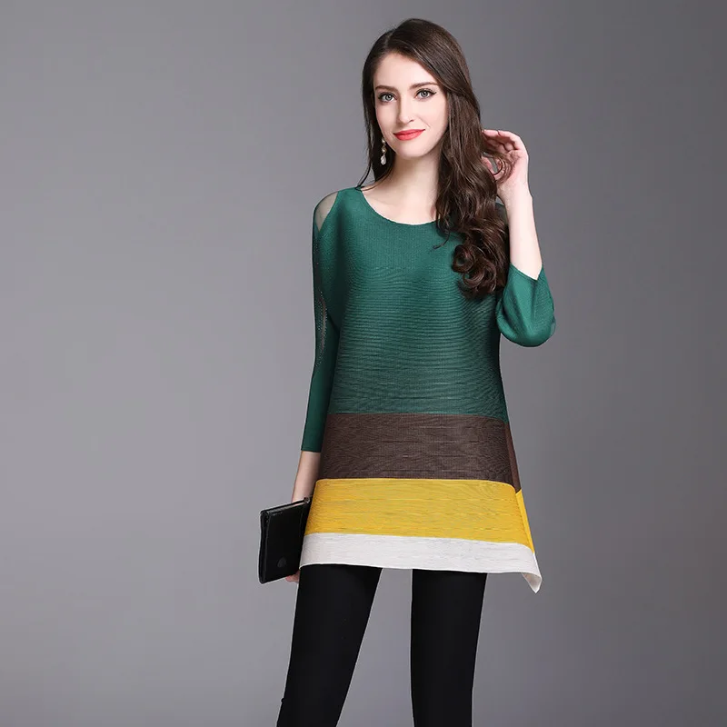 

Women Pleated Fashion Tops Office Lady Lace Patchwork O-neck Shirts