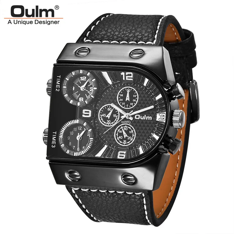 Oulm 9315 Three Time Zone Watch Unique Design Outdoor Sports Wristwatch Male Clock Casual Leather Strap Men\'s Wrist Watches