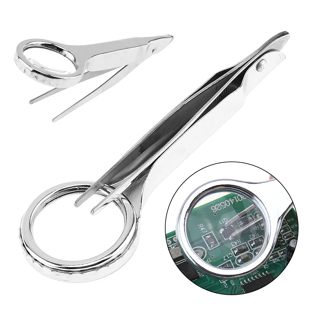 Portable 25mm 10X Handheld Magnifier Stainless Steel + Acrylic Magnifying Glass Portable Optical Lens Tool with Tweezers