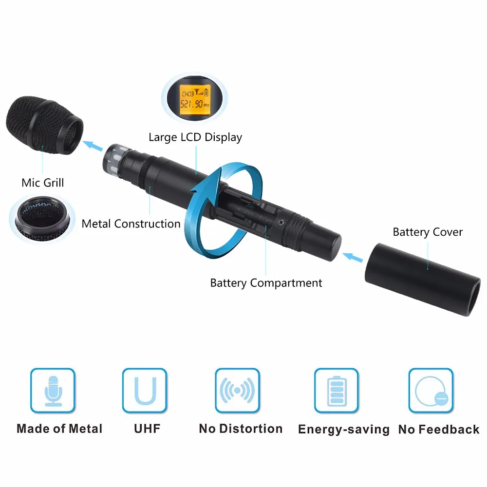 XTUGA A-400 Metal Material 4-Channel UHF Wireless Microphone System with 2 BodyPack and 2 Handheld for Stage Church Family Party