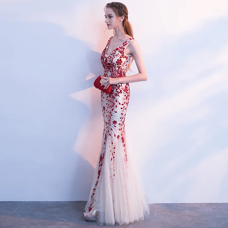 Weiyin ยาว Sparkle ชุดราตรี V คอ Mermaid Sequined ชุดราตรียาวแฟชั่น Prom Party Dresses Robe De Soiree