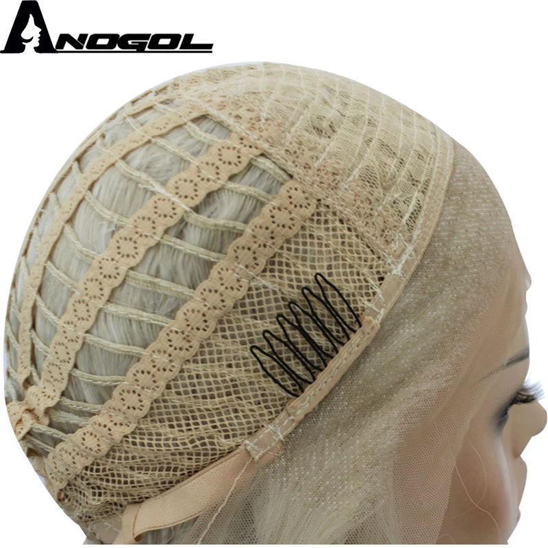 Anogol High Temperature Fiber Long Light Pink White Water Wave Synthetic Lace Front Wig Free Part for Women Daily Use