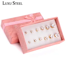 LUXUSTEEL Stud Earrings Shiny Star Crystal Earring Sets Stainless Steel 6Pairs/Box Push Back Jewelry Gift For Women/Girl