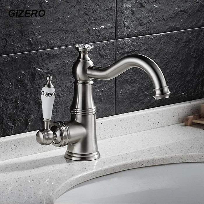 

GIZERO Basin Faucet Brush Nickle Hot and Cold Deck Mounted Bathroom Vanity Sink Swivel Mixer Taps ZR636