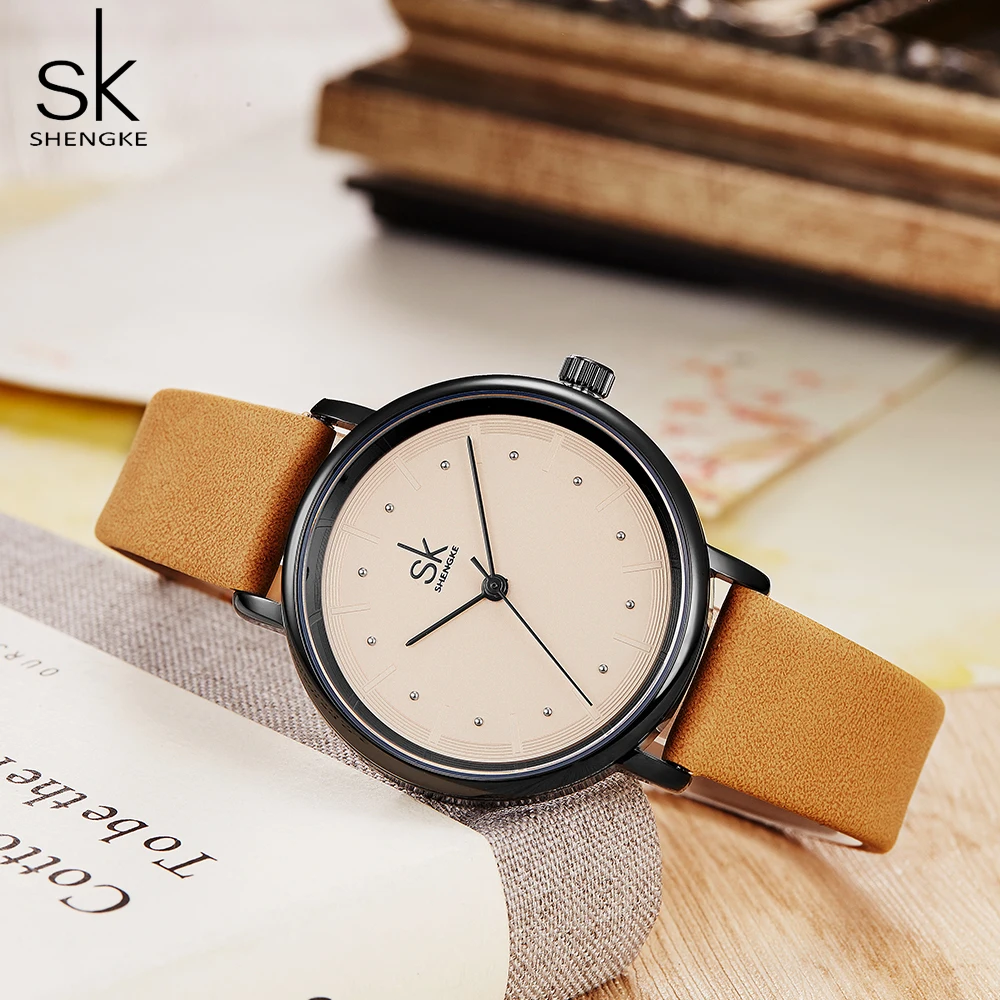 Reloj Simple Shengke para Mujer, Reloj de cuero Retro marrón, Reloj femenino de marca superior, Mini diseño de moda para Mujer, Reloj de cuarzo para