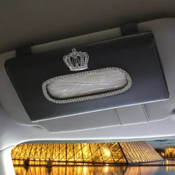 Universal Leather Car Tissue Holder Rhinestone Crown Car Sun Visor Type Napkins Paper Tissue Box Organizer Car Accessories