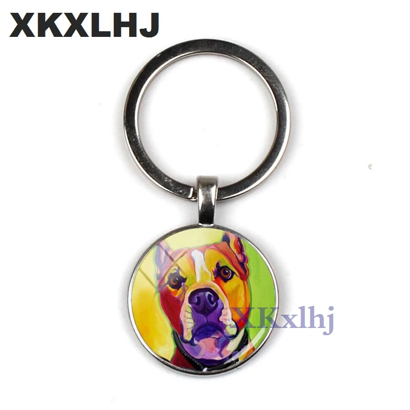 XKXLHJ 2018 Fashion Pit Bulldog Key Ring Pitbull Key Chain Glass Dome Key Chain Round Handmade Lady Keychain