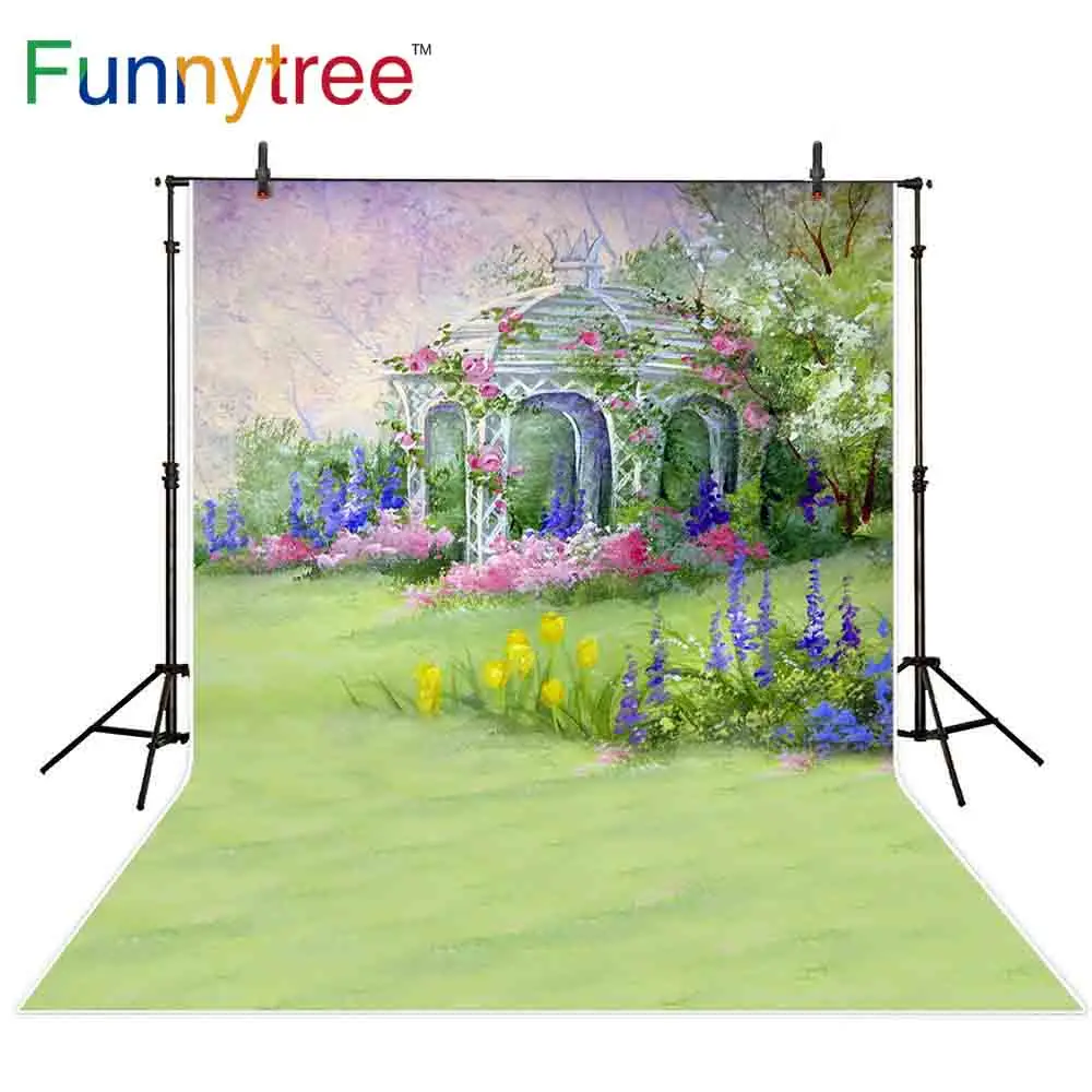 Funnytree backgrounds for photography studio oil painting spring flowers grass pavilion backdrop photocall photobooth printed