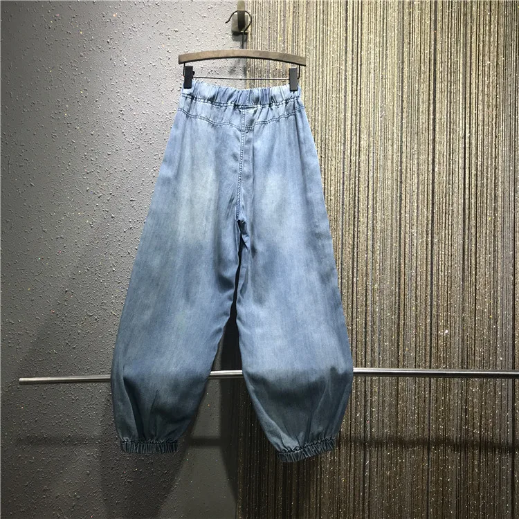 2023 Spring Summer New Jeans Women\'s Thin Colored Diamond Rhinestones Loose Elastic Waist Girls Ladies Denim Harem Pants