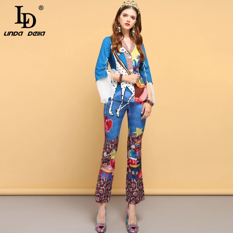 LD LINDA DELLA Fashion Designer Summer Vintage Suits Women\'s Bow Tie Animal Print Shirt and Floral Printed Pants 2 Pieces Set