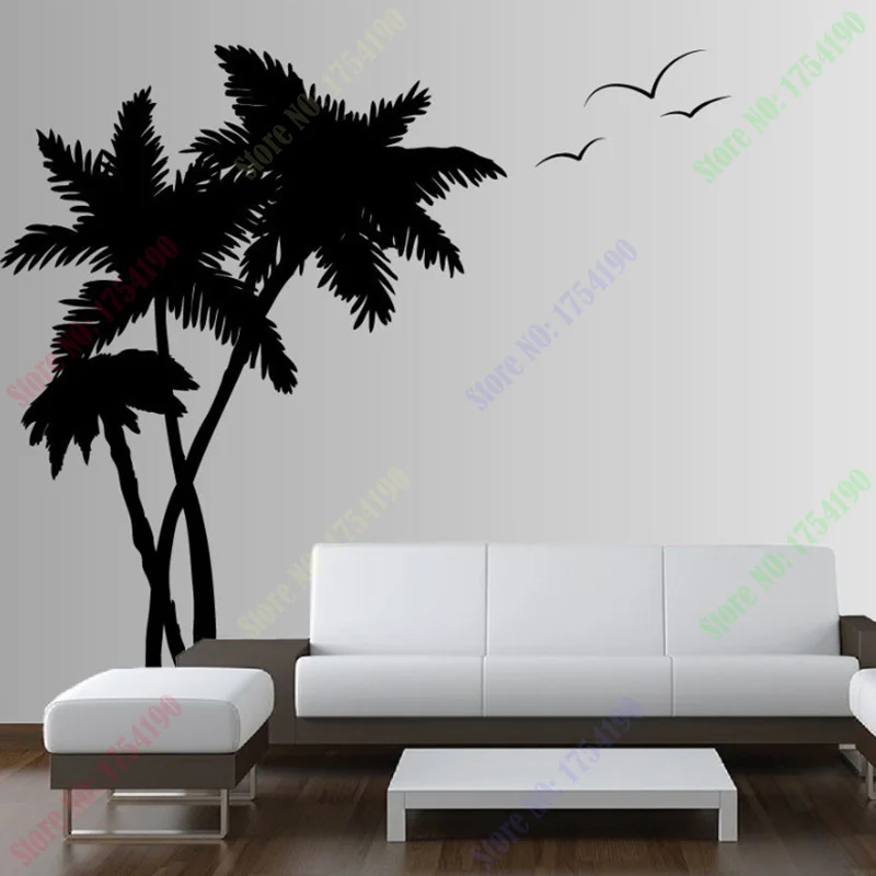 Free Shipping Palm Cocunut Tree Wall Decal Seagull Birds Nursery Ocean Room Nautical 3 trees