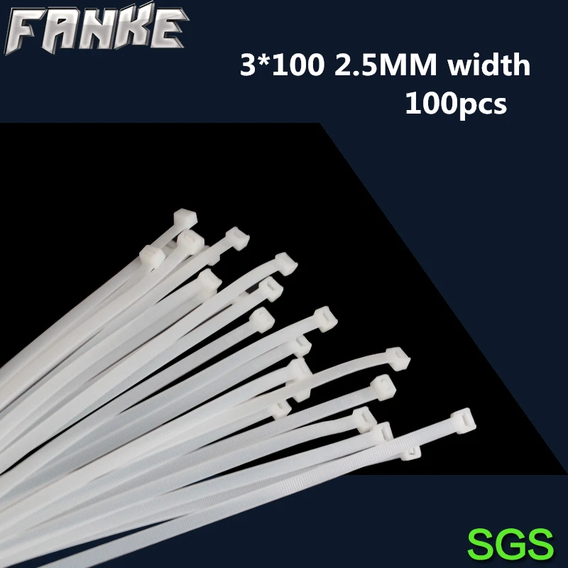 

100Pcs/pack 3*100mm width 2.5mm White Color National Standard Self-locking Plastic Nylon Cable Ties,Wire Zip Tie full quantity