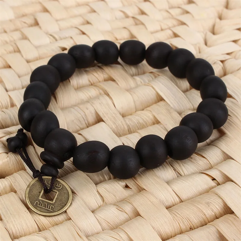 2022 Black Wood Buddha Beads Buddhist Tibet Rosary Bracelets Black Fairy Peach Tree Copper Coin Beads Bracelet Accessories