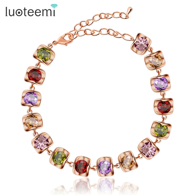 

LUOTEEMI Multi-Color AAA Cubic Zirconia Charm Bracelet for Women Rose Gold-Color Candy Chain Link Party Jewelry Christmas Gifts