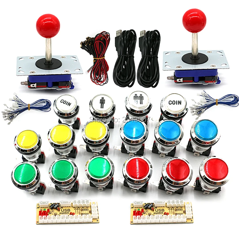 

Zero Delay Arcade DIY Kit 32mm Chrome Push Button 4/8 Way Joystcik PC & Raspberry pi 1 2 3 USB Encoder With LED Cable