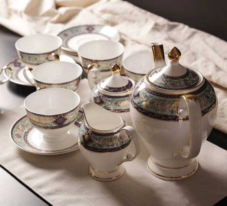 Bone China Royal 15 Pieces Coffee Tea Set On-glazed Export European Teapot Ceramic Teapots 6Cup+6 Saucer+Pot+Sugar Bowl+Milk pot