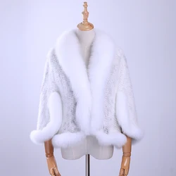 Free Shipping New Genuine Knitted Mink Fur Shawl Wrap Cape with Fox fur collar Triming women Lady mink fur coat Jacket Stole