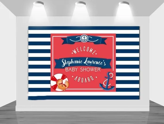 

Custom Ahoy Baby Shower Nautical Sailor Anchor Blue And White Striped backdrops Computer print party background