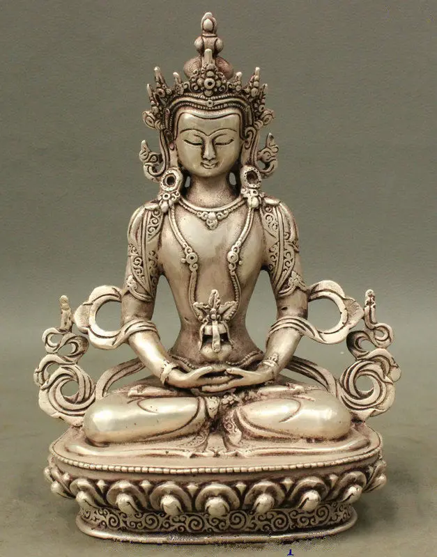 

Tibet Buddhist Silver Amitayus Longevity God Goddess GuanYin Buddha Statue metal handicraft