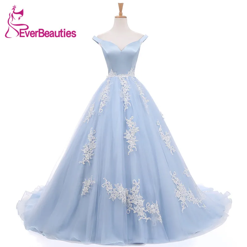 The Evening Dresses 2020 Tulle with Appliques Elegant Long Prom Party Dresses  Ball Gown Light Blue Robe De Soiree abendkleider