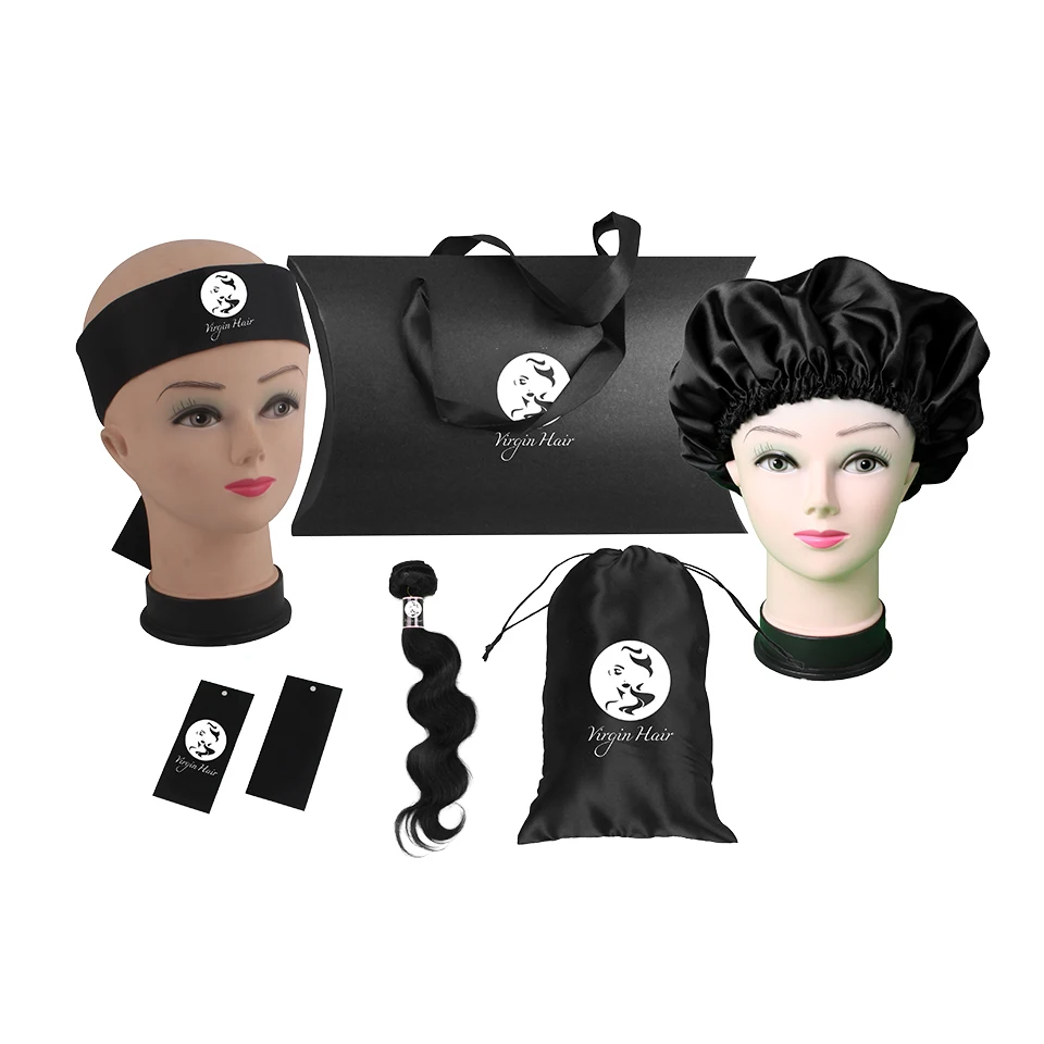 Luxury Custom Human women hair extensions bundles packaging sets,pillow box,headband,bonnet,wrap stickers,hang tag,satin bag