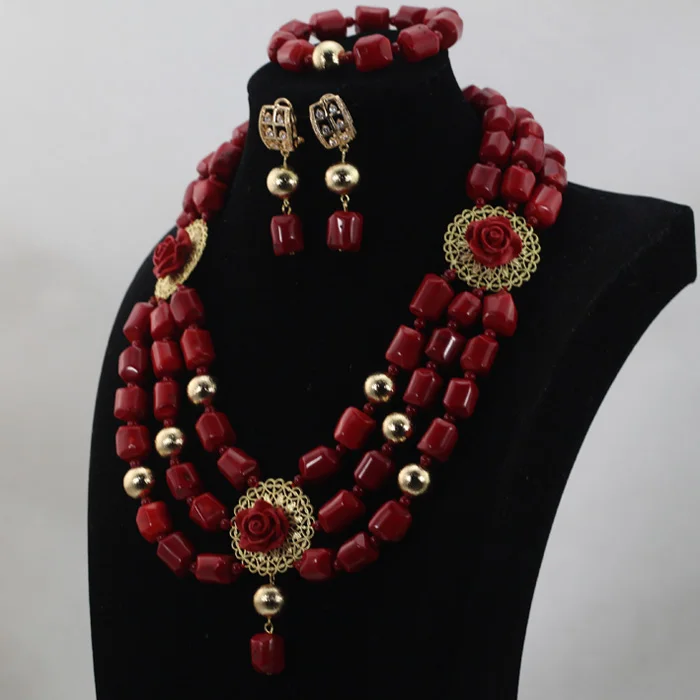 Dubai African Quality Wine Red Coral Beads Bridesmaid Necklace Set Pendant Indian Real Coral Bridal Jewelry Set Free ShipABL871