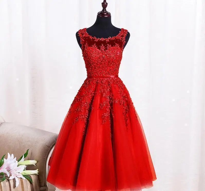 Vestido corto de encaje de tul rojo rosa Burdeos de lujo, apliques de baile de graduación con cuentas, Vestido de Gala