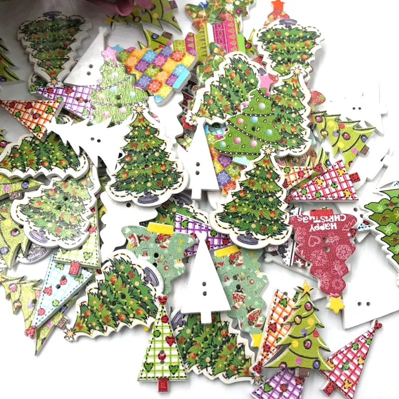 50pcs Mixed Christmas Tree Wood Button Sewing Accessories Decorative Buttons Handmade Scrapbooking Craft DIY WB562