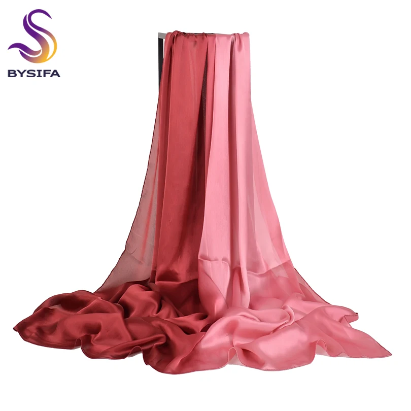 [BYSIFA] Long Satin Silk Scarf Winter Ladies Gradient Green Scarf Shawl Top Grade Brand Scarves Simple Plain Head Scarf 180*90cm