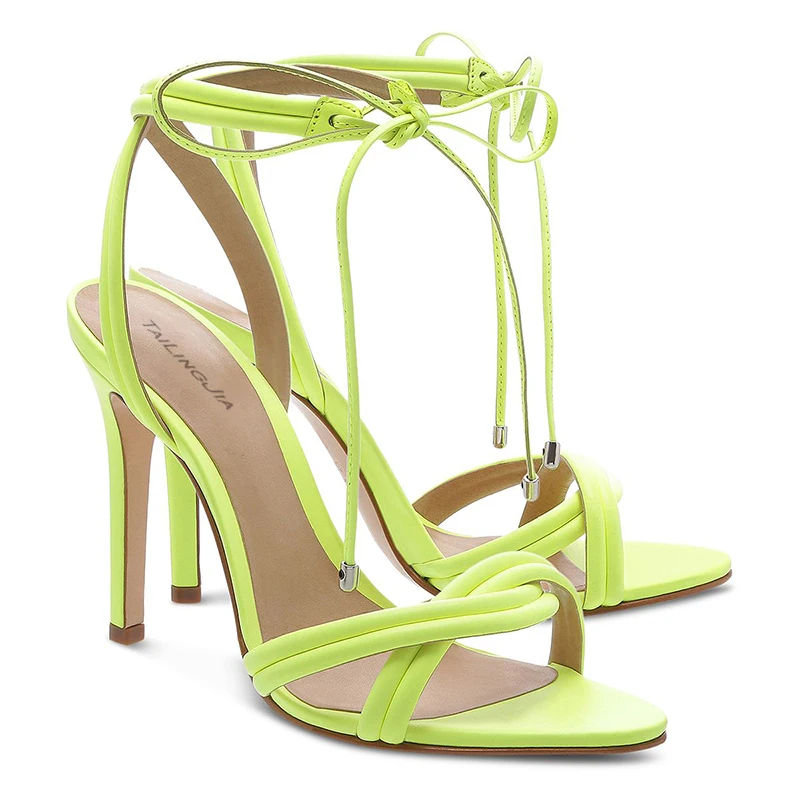 Neon High Heel Sandals Woman 2025 Strappy Heels Ladies Heeled Footwear Pink Open Toe Green Ankle Strap Fashion Cute Summer Shoes