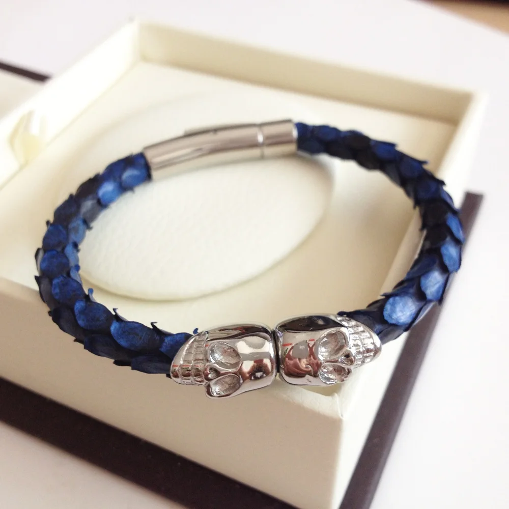 Fashion Genuine Blue Python Leather Skull Bracelet Northskull Twin Skull Bracelets Bangles for Man Women Jewelry Gift