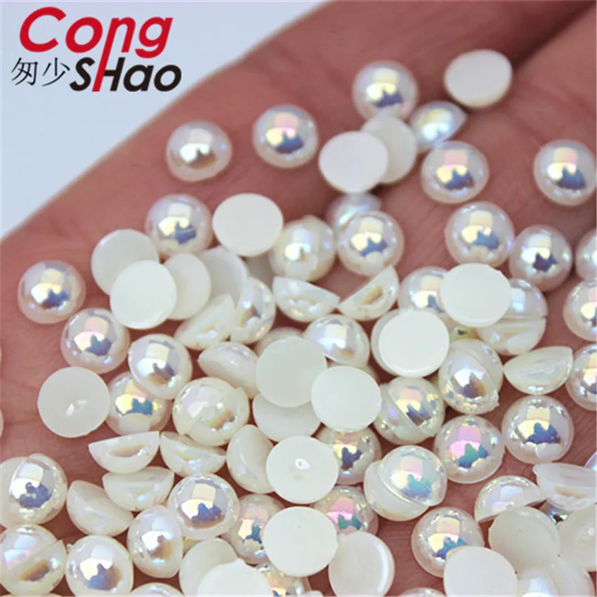 Cong Shao 6/8/10/12mm Flatback AB Bianco Perle D\'imitazione della perla ABS Acrilico Rotondo Strass trim FAI DA TE Abito Da Sposa Pulsante WC388