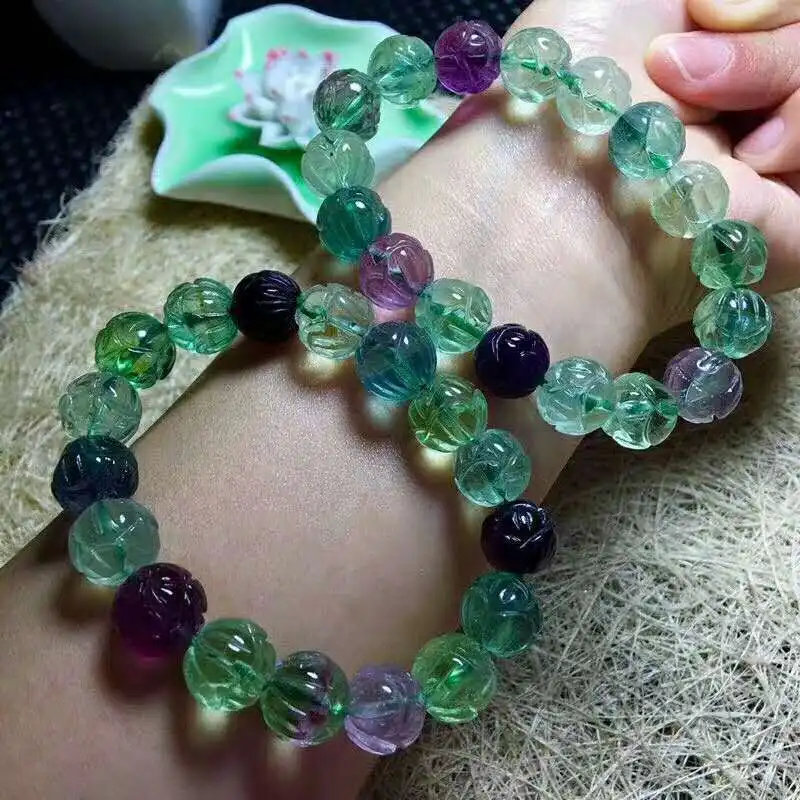 Natural Colorful Fluorite Quartz Carved Flower Beads Bracelet Fluorite Wealthy Men 10mm 12mm Love New Gift Bracelet AAAAA