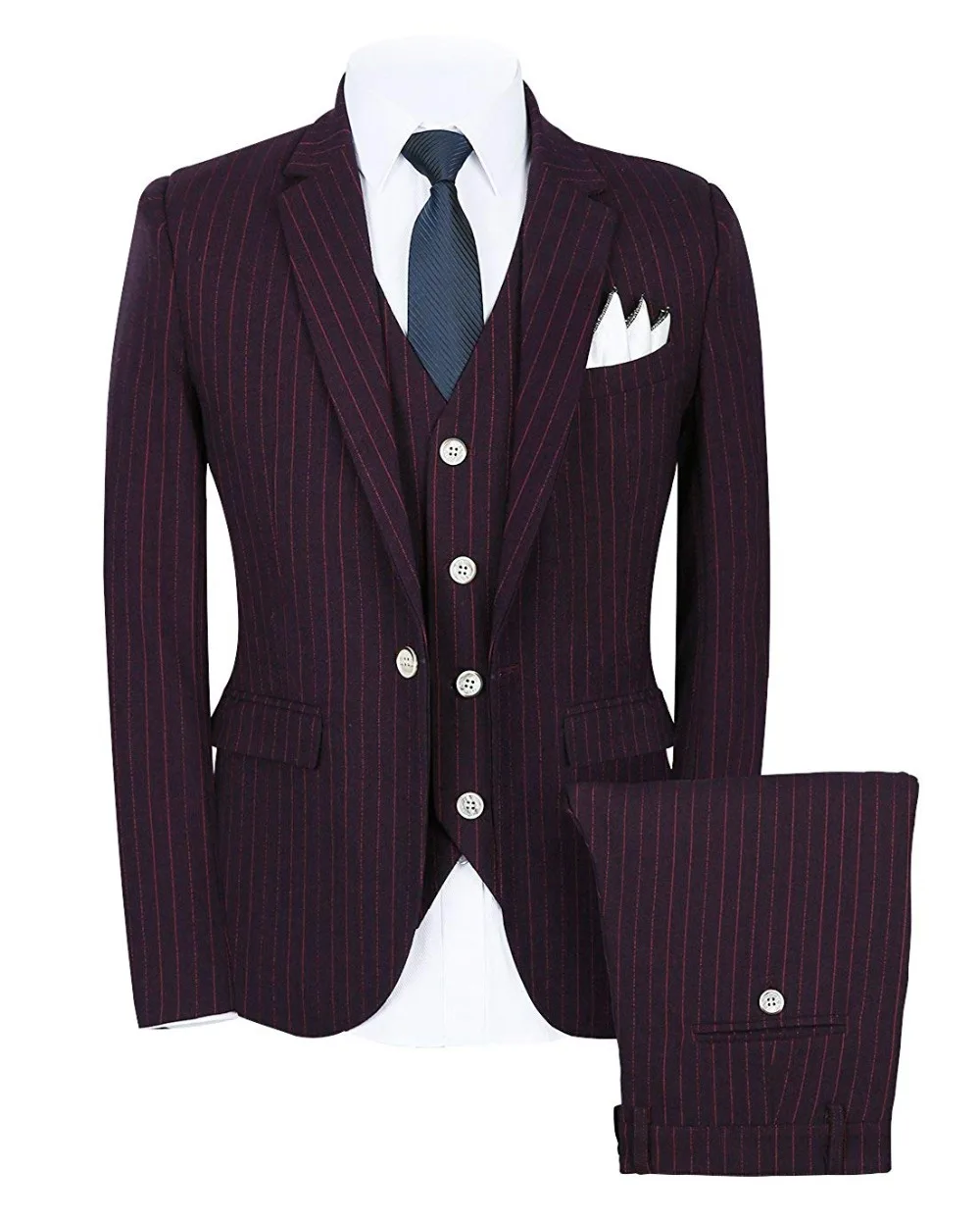 

Mens Pinstripe Suit 3 Piece Slim Fit Casual Dress Suits One Button Formal Notch Lapel Tuxedos Blazer+Vest+Pants