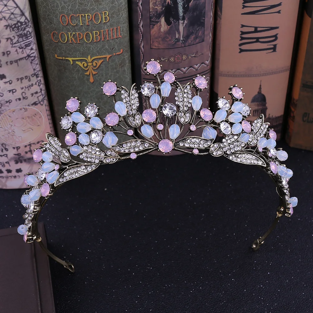 Baroque Handmade Pink Crystal Beads Bridal Tiaras Crowns Pageant Prom Rhinestone Veil Tiara Headbands Wedding Hair Accessories