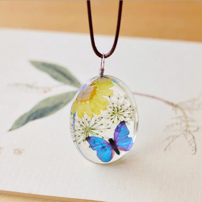 

1PC Real Dry Natural Dried Flower Butterfly Pendant Necklaces Crystal Glass Rope Chain For Women Jewelry Gift