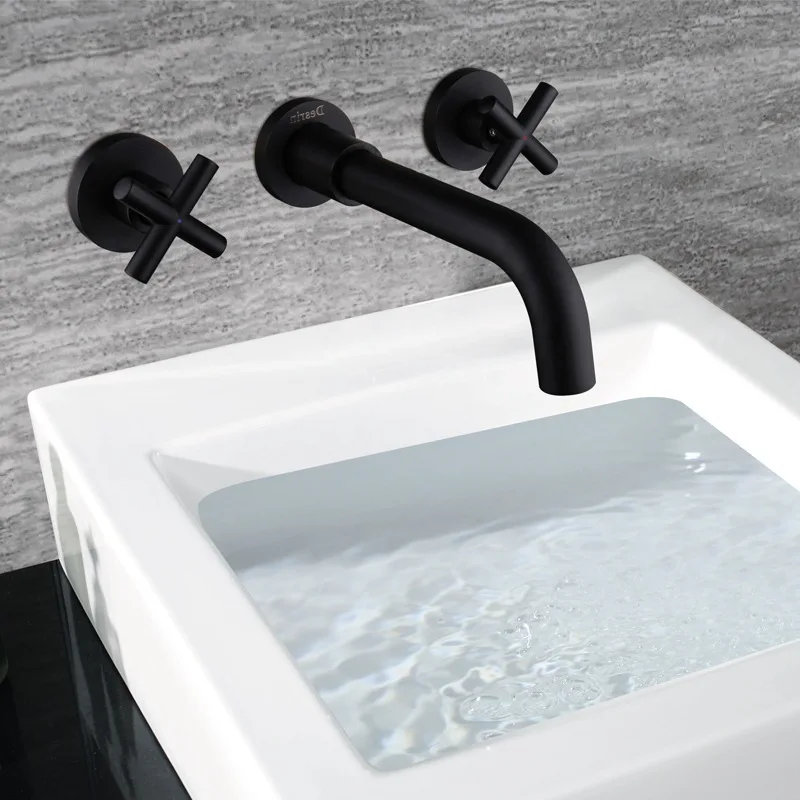 Fashion New Arrival Wall Sink Basin Mixer Tap Set Bathroom Spout Faucet With Double Lever In Matt Black/Polished Gold/Chrome