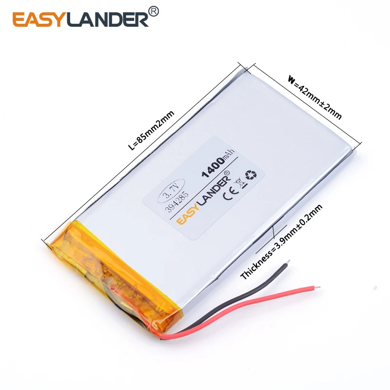 10pcs /Lot 3.7V 394285 1400mAh Rechargeable Lithium Li-ion Polymer Battery for PAD GPS Vedio Game E-Book Tablet PC Power Bank