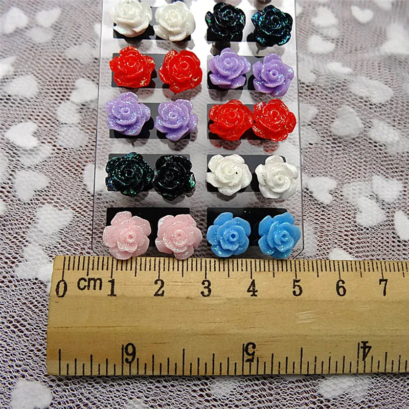 24PCS=12Pair Earring Pack Jewelry Mixed Lots Resin Rose Flower Stud Earrings Fluorescent Colors Of Roses Earrings For Women Gift