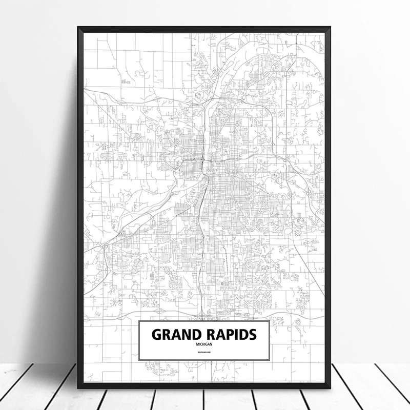 GRAND RAPIDS, MICHIGAN, UNITED STATES Black White Custom World City Map Poster Canvas Print Nordic Style Wall Art Home Decor