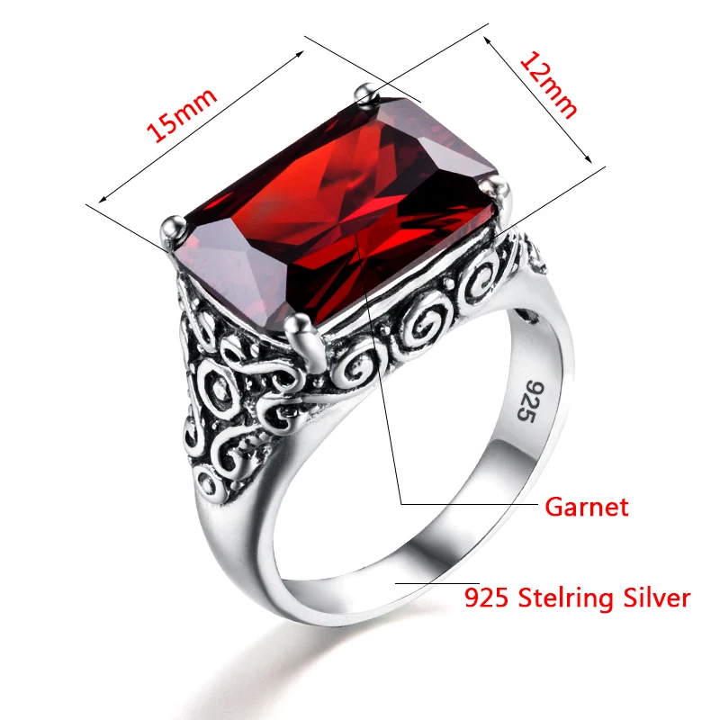 Real Pure 925 Sterling Silver Ring For Men Women Garnet Crystal Stone Ring Vintage Engraved Medieval Pattern Elements Jewelry