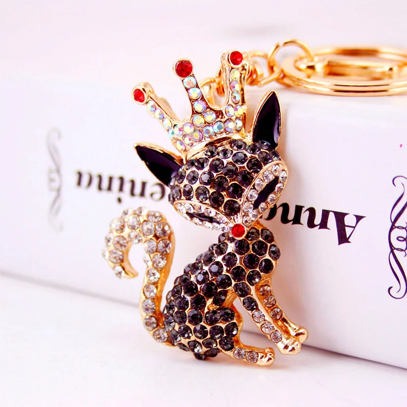 Fashion Creative Lovely Crystal Crown Fox Car Pendant Keychain For Women Bag Keychains Rhinestone Car keyrings Gifts Jewelry